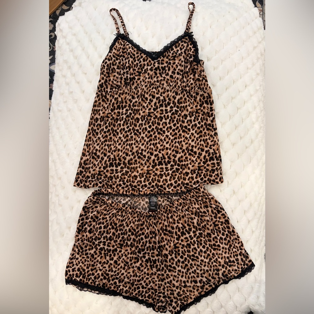Leopard Print Pajama Set with Black Lace Trim